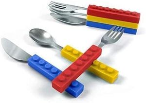 Newsun Silicone Handle Metal Cartoon Children's Eco-friendly School Use Square <b>Building</b> <b>Block</b> Flatware Set Training Spoon Fork - Product Image 2