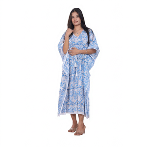 Blue Floral Block Print 100% Cotton Eco-Friendly <b>Kaftan</b> Dress Women's V-Neck Batwing Sleeve Knee-Length Loose Fit Formal - Product Image 1