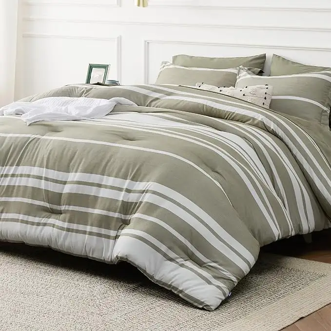 Ukuran ganda 5 buah Set selimut tempat tidur bergaris hijau zaitun putih Set seprai tempat tidur semua musim dengan sarung bantal dan sarung bantal
