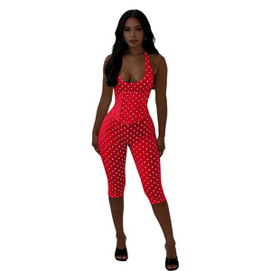 Combinaisons élégantes à pois avec col halter et taille corset pour femme, effet deux pièces, tenues une pièce, logo personnalisé, marque privée, usine - Product Image 5