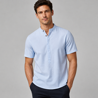 Kemeja Pria Katun Linen 85% Lengan Pendek Kerah Henley Bernapas Anti-Pilling Tekstur Slub Kasual Musim Panas Jepang Grosir