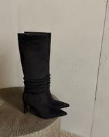Bottes d'équitation d'hiver en cuir véritable à talon fin, à bout pointu et montantes jusqu'au genou