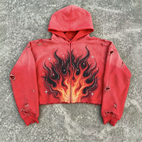 Hoodie Zip Up Heavyweight dengan Cetakan Api Distressed, Gaya Streetwear, Bahan Vintage Wash, Warna Merah, Grafis, untuk Pria