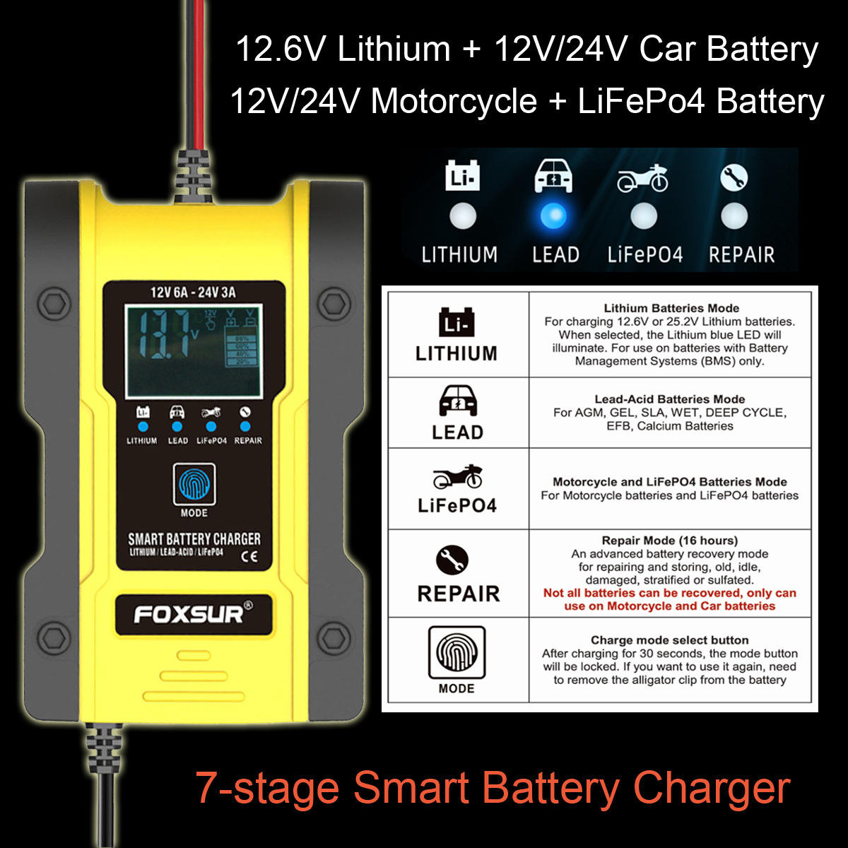 7-stage Smart Battery Charger Efficient Motorcycle Charging