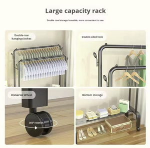 Perchero ajustable de metal resistente de doble barra con ganchos laterales y ruedas, organizador de ropa para dormitorio, lavandería, sala de estar - Product Image 6