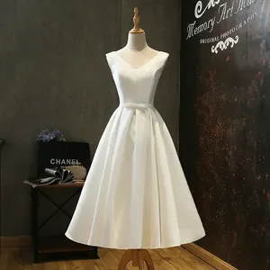 <span class=keywords><strong>Robe</strong></span> <span class=keywords><strong>de</strong></span> mariée blanche en satin à col en V sexy, coupe trapèze, longueur genou, élégante, vintage, pour l'été, bal <span class=keywords><strong>de</strong></span> promo, mariage, demoiselle d'honneur, invitée, longues robes <span class=keywords><strong>de</strong></span> soirée - Product Image 3