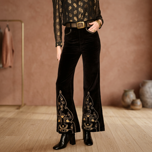 Pantalon évasé pour femme en velours brodé, taille haute, coupe ample, longueur intégrale, gaufré - Product Image 3