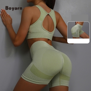 Boyarn Ropa Deportiva Para Mujeres ensemble de sport pour femmes logo personnalisé sans couture entraînement creux dos soutien-gorge et short Gym Fitness Yoga ensemble - Product Image 5