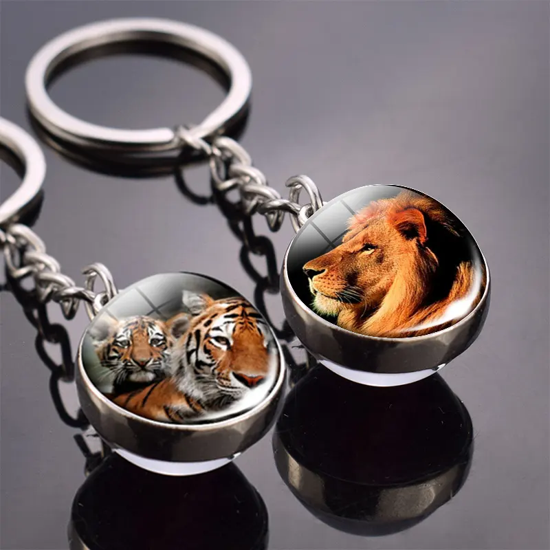 Animal Key Chain Tiger Lion Double Side Glass Ball Keychain women men light Key Ring Pendant Keyring