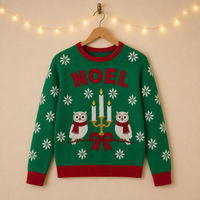 Pull en tricot de Noël personnalisé pour homme, motif hiboux avec écharpes, motif intarsia, bougies, flocons de neige, OEM ODM
