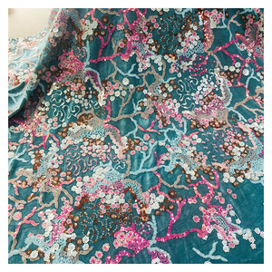 2020 Custom Pengantin Bordir Biru Beludru Renda Bunga Multicolor Payet Kain - Product Image 1