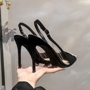 Nouvelles sandales d'été à talons hauts pour femmes, bout fermé, talon aiguille, bout pointu, sexy, en daim, avec boucle carrée et strass - Product Image 4