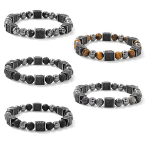 Bracelet extensible populaire 8 mm en œil de tigre Ximang pour homme, orné de perles carrées en roche volcanique et hématite, bijou de mode - Product Image 1