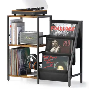 Rustic Home Living Room Furniture Steel Wood Vinyl Record Player Table with Record Storage Shelf Magazine Racks