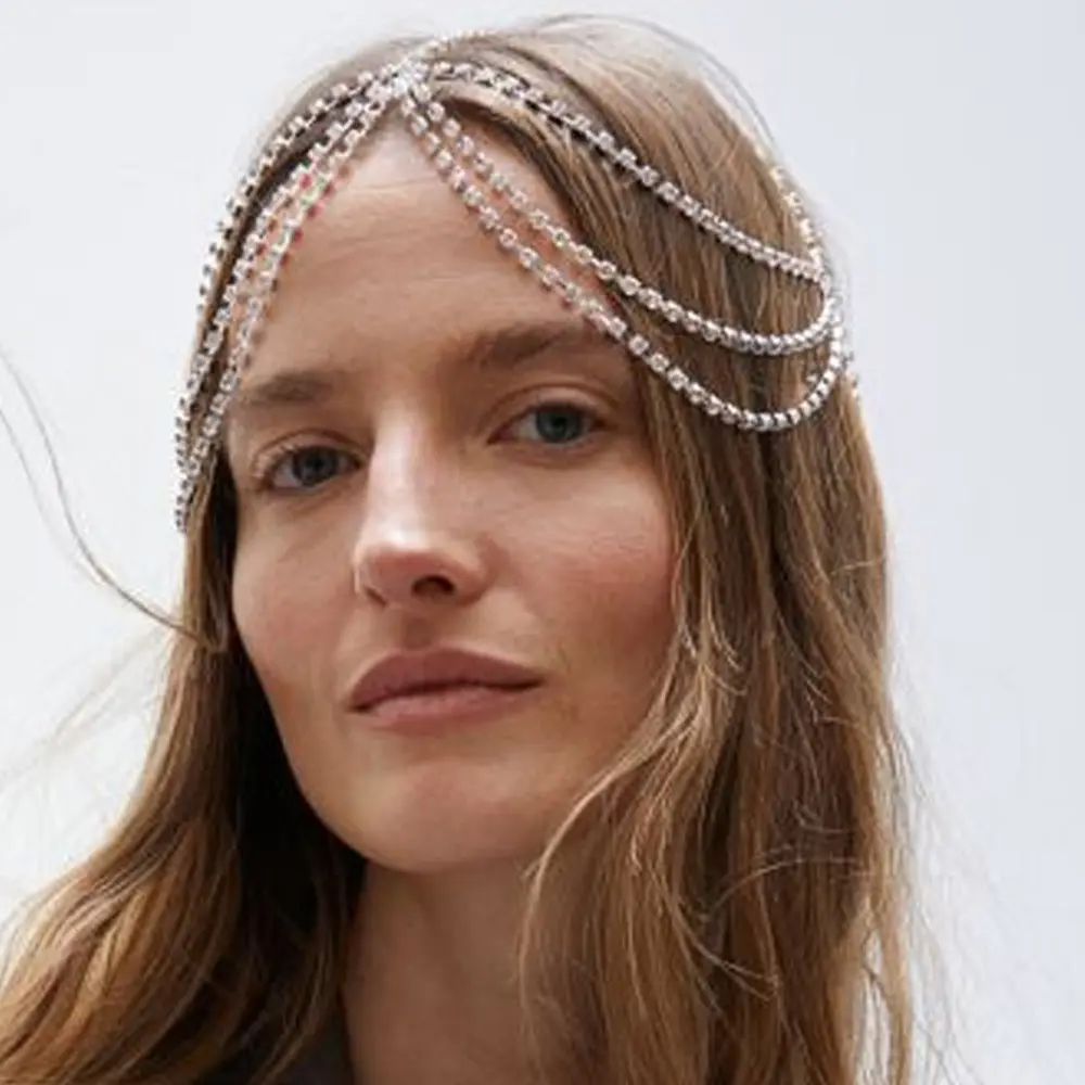 Katmanlı saçak saç aksesuarları Rhinestone alın takı kristaller kadınlar için moda şapkalar zincir başlığı
