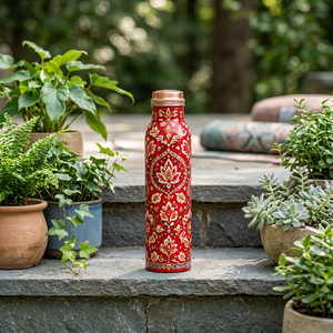 Botella de Agua de Cobre Étnica Artística Clásica, Diseño Oriental de Mandala Rojo, Botella Portátil de Viaje con Tapa - Product Image 1