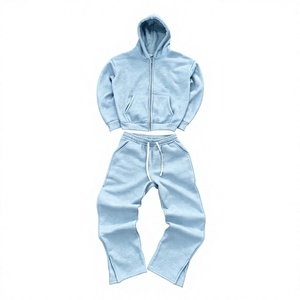 Survêtement unisexe bleu clair à capuche, manches longues, couleur unie, sweat-shirt décontracté, pantalon à taille élastique, respirant, poids moyen, pour le jogging - Product Image 1