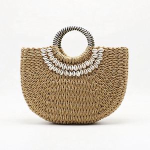 Bolso de mano de playa de papel para mujer, estilo cesta, con asa de anillo y decoración de conchas, tendencia de verano, venta al por mayor - Product Image 1