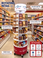Présentoir de vente au détail rotatif à 360° personnalisé avec boîte lumineuse et roulettes, présentoir multi-niveaux pour snacks, cosmétiques et produits pharmaceutiques