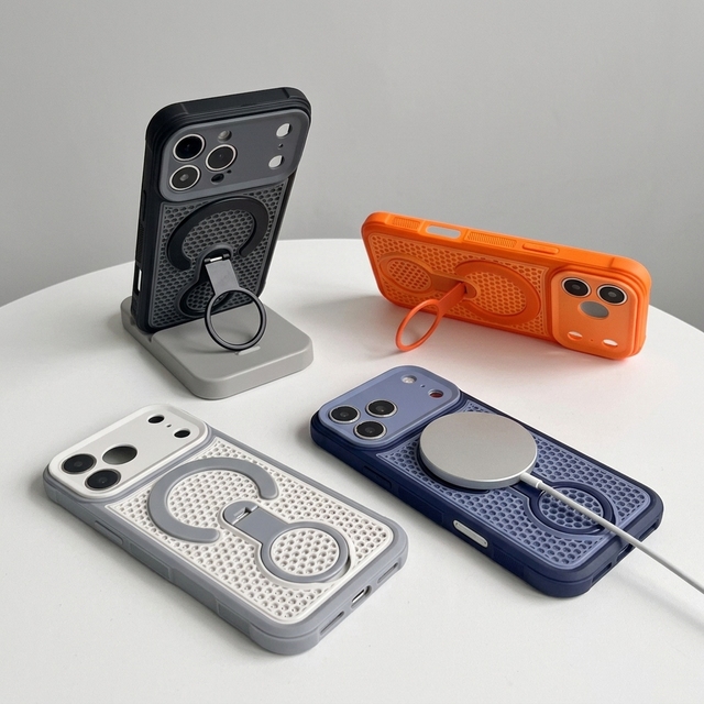 Matte Breathable Heat Dissipation Magnetic Phone Case Built-in 360 Rotating Ring Stand for iPhone 17 Pro Max 16 15 14 13 12 11