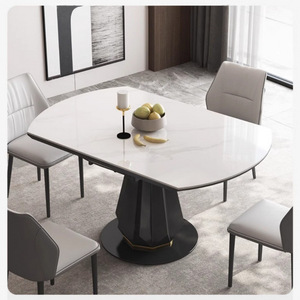 <span class=keywords><strong>Table</strong></span> à manger carrée moderne et minimaliste en acier au carbone <span class=keywords><strong>avec</strong></span> plateau en pierre, pliable et rotative, et chaises assorties, télescopique - Product Image 4