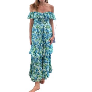 Vestido Largo de Noche de Gasa con Estampado Floral, Hombros Descubiertos, Cintura Imperio, Cierre Frontal, Estilo Transpirable - Product Image 5