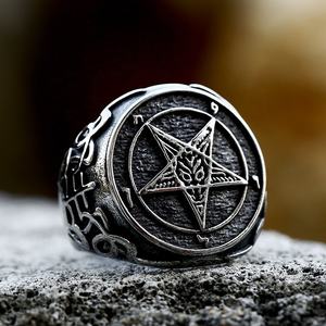 Anillo de Pentagrama Baphomet de Acero Inoxidable 316L para Hombre, Tono Plateado Antiguo, Símbolo Oculto, Estilo Rebelde Oscuro, Joyería Punk para Motociclistas - Product Image 2