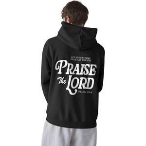 Felpa con Cappuccio da Uomo Casual con Stampa Fronte-Retro <span class=keywords><strong>del</strong></span> Versetto Biblico 'Gloria al Signore', Nera, con Tasca a <span class=keywords><strong>Canguro</strong></span> - Product Image 3