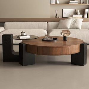Round Solid Wood Coffee <b>Table</b> With Double <b>Drawers</b> 80x80x36 Cm For Living Room Storage Cabinet - Product Image 3