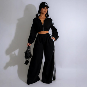 Tuta da <span class=keywords><strong>Donna</strong></span> con Striscia Laterale, Set 2 Pezzi, Top Corto con Zip e Cappuccio Sexy e Pantaloni Jogger, Completo Invernale Caldo - Product Image 2