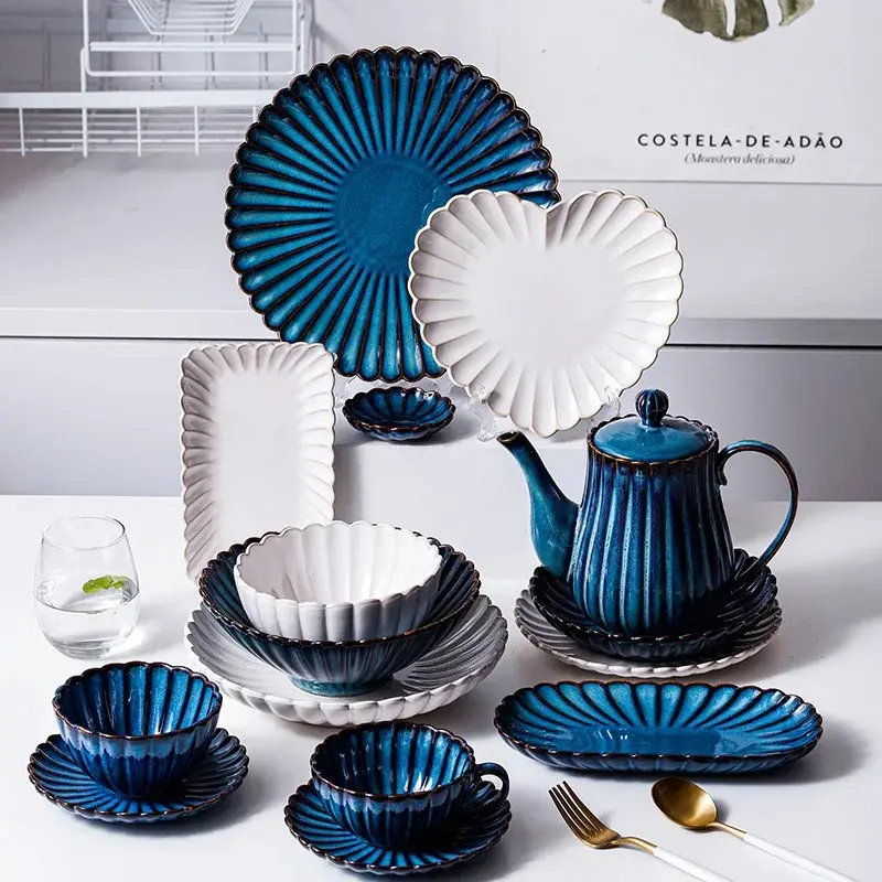 Modern high quality blue custom printed color design snack cake dinner porcelain dinnerware tableware ceramic plates set