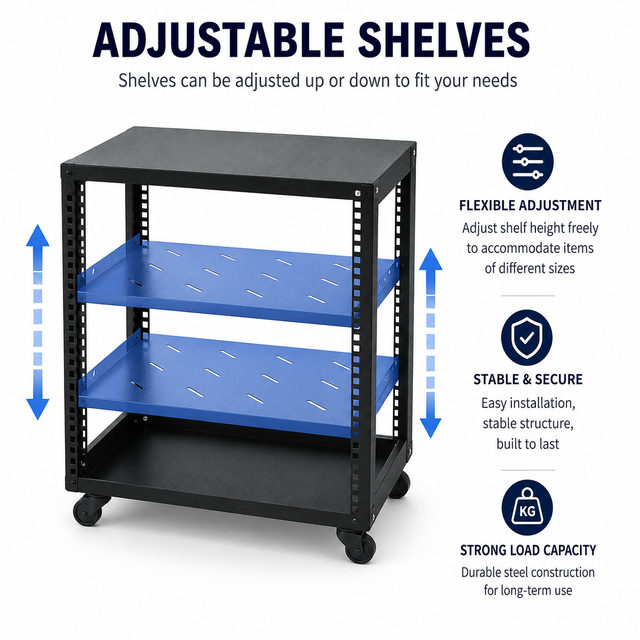 Open Frame Rack Cabinet 5U 6U 9U 12U Adjustable Cold Rolled Steel Powder Coated Server Rack Shelves 360 Caster Wheels Floor