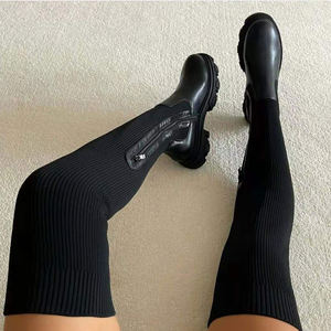 Haute qualité mode hiver couleur Pure cuir tricoté sur le genou talon haut femmes bottes hautes jambes chaussures femmes bottes longues - Product Image 3