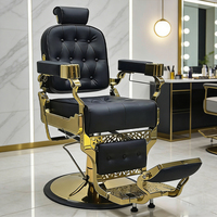 Fauteuil de Barbier Rétro de Luxe avec Cadre Doré et Revêtement Noir Capitonnée, Base Ronde Antique, pour Salon de Coiffure et de Rasage - En Vente
