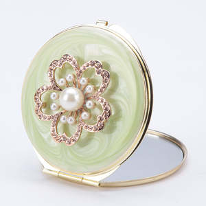Luxury Jeweled <b>Compact</b> <b>Mirror</b> Gold Metal Enamel Flower Rhinestone Pearl 1X 2X Magnifying Dual Sided HD Pocket Makeup <b>Mirror</b> - Product Image 2