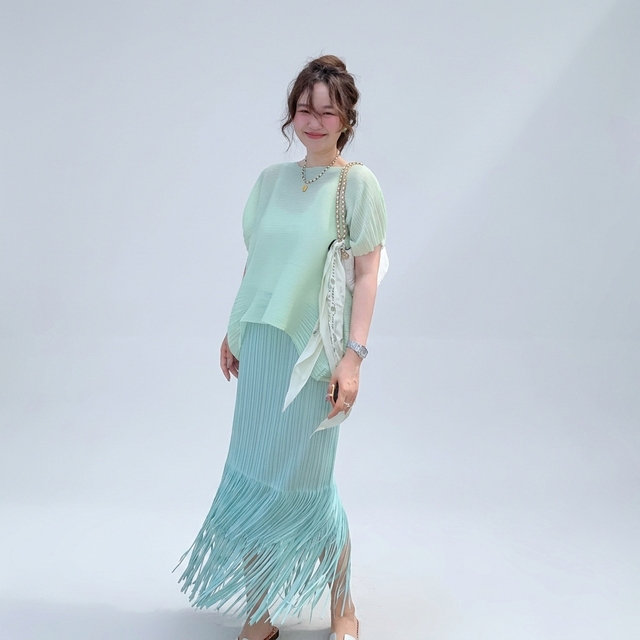 2026 Resort Wear Summer New Collection Mint Green Refreshing Tassel Skirt Set Loose Set Women Elegant Versatile Pleated Miyake