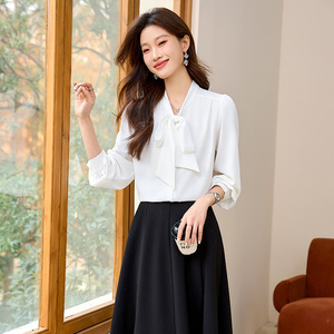 Women's Blue Chiffon Shirt With Bow Office Wear Long Sleeve Solid Color Elegant Blouse For Work - Product Image 4