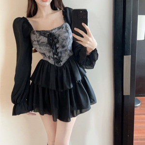 High-End Irregular Patchwork Dress Square Neck Tie-Waist Casual Daily Wear For Women Solid Color YX-9030 - Product Image 2