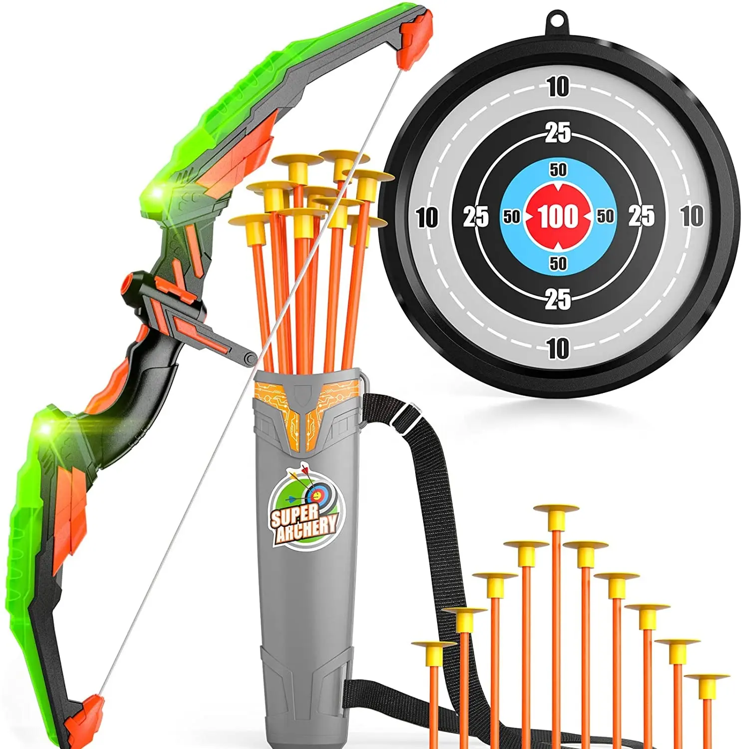 Bow and Arrow for Kids with LED Flash Lights Archery Set with 6 Suction Cups Arrows Outdoor Toys Archery Set