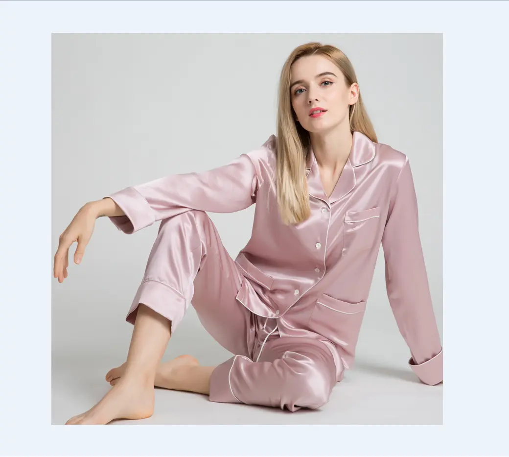 2023 yeni lüks ipek pijama 100% saf dut ipek düz renk uzun kollu pijama rahat pijama gece etek kadın şort
