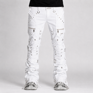 DiZNEW Jeans blancs multi-bretelles empilés pour hommes, pantalon cargo en denim à œillets et lacets, style gothique streetwear, usine certifiée BSCI, OEM - Product Image 1