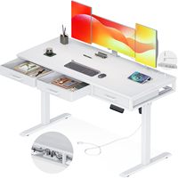 Vente en gros Cadre de bureau réglable en hauteur populaire, avec prise de courant et lumière LED, bureau debout avec 3 tiroirs