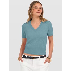 FOXA Suéter corto de manga corta con cuello en V para mujer, top de punto suave y ligero para uso informal de primavera y verano - Product Image 2