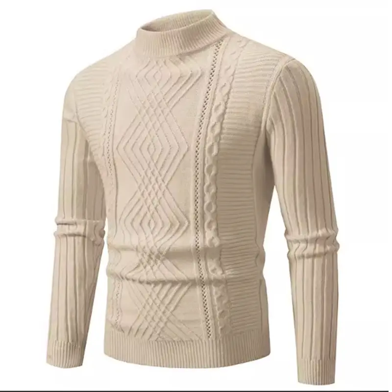 Vêtements d'hiver pour hommes Crochet tricoté câble OEM Distressed Knit Letter Custom Jacquard Knit Pullover Turtleneck Knitted Sweater