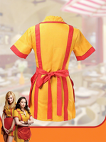 Costume de serveuse de restaurant rétro pour femmes, déguisement d'Halloween, tablier rayé jaune et rouge vintage avec poche, uniforme sexy pour adultes, robe de fête cosplay