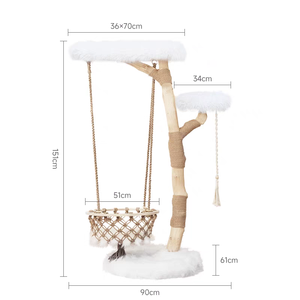 Arbre à chat en bois massif artisanal, moderne et classique, à 3 niveaux, avec perchoir en forme de nuage et jouet, en carton - Product Image 2