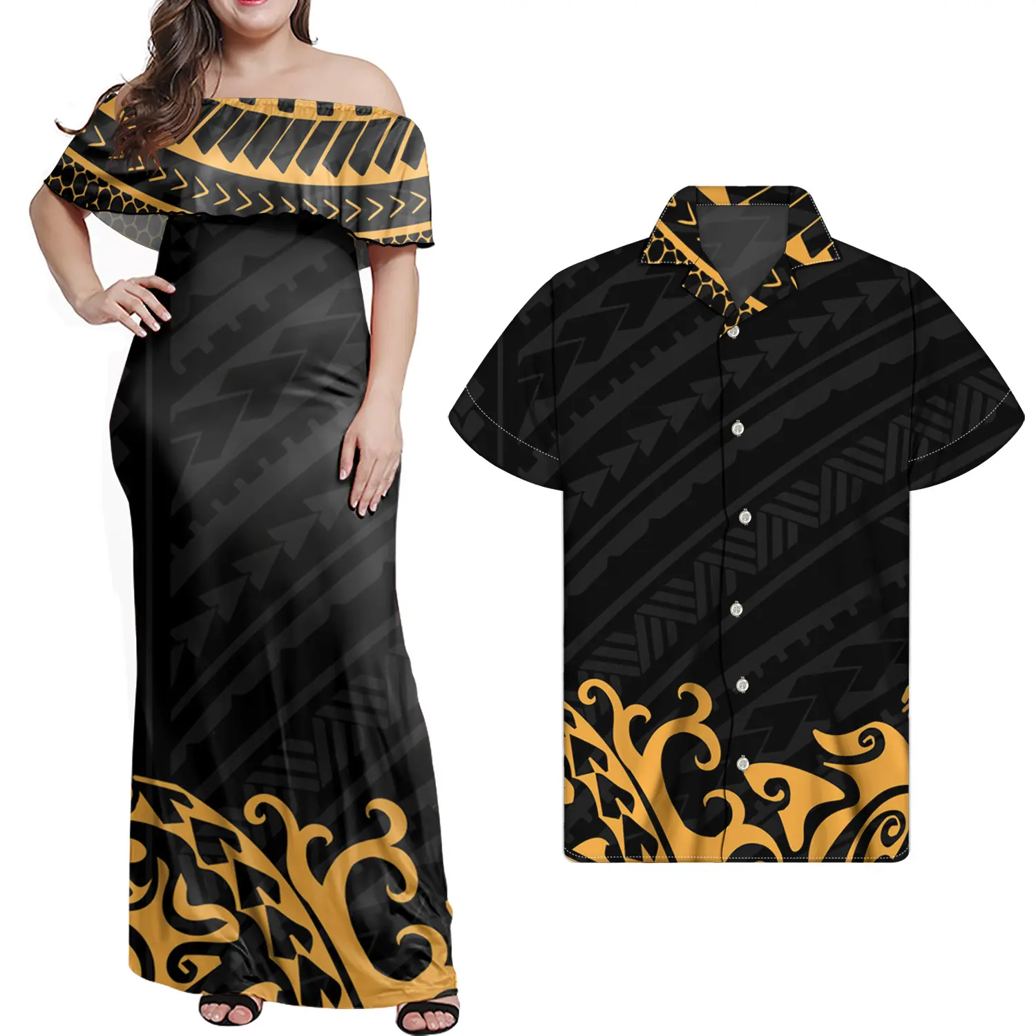 Couples Two Piece Sets Blue Polynesian Clothing Print Men's Casual Shirt Matching Women Plus Size Dress Couple Matching Clothes