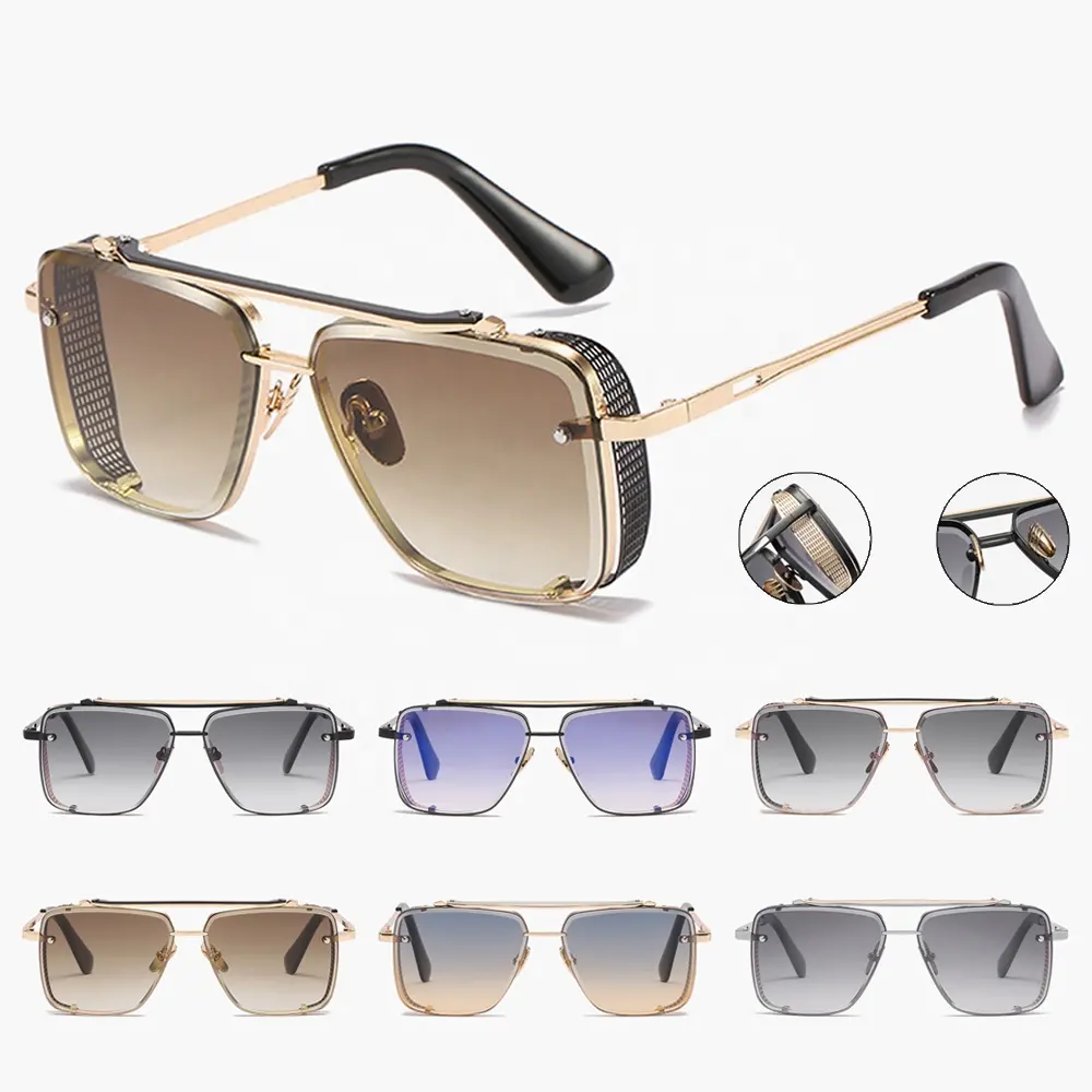 High Quality Luxury Brand Designer Men Shades Steampunk Golden Sunglasses 2022 Oversized Metal Flat Top Sun Glasses