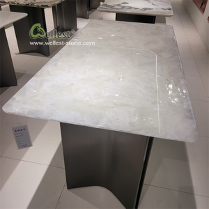 Table à thé en marbre blanc vert translucide, paysage naturel, bureau de luxe en pierre - Product Image 6