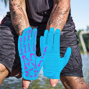 Gants de football américain bleus avec motif squelette rose, antidérapants, pour sports de plein air, style populaire - Product Image 3